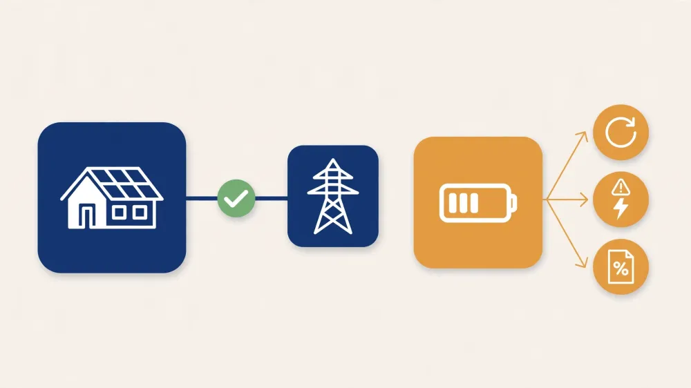 Infographic showing a grid-tied solar system working without a battery, with a separate battery decision branching into export rate, outage frequency, and sales incentive factors.
