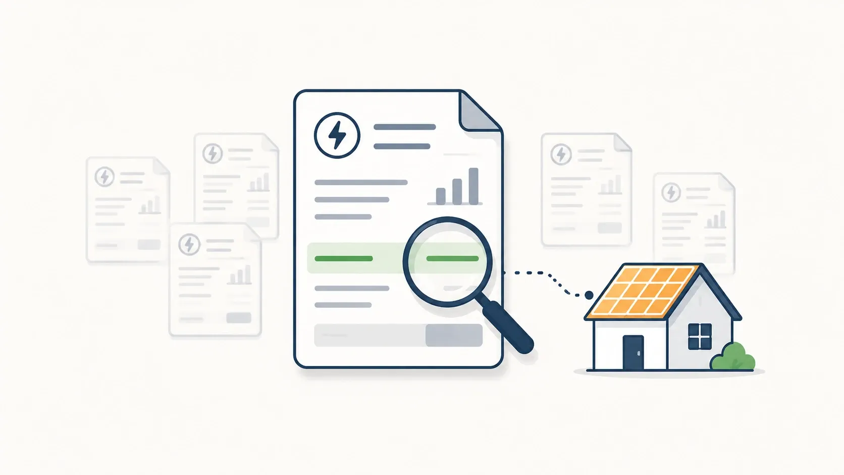 Illustration of a highlighted utility bill with a magnifying glass, showing how your own electricity rate, not a national average, determines solar payback