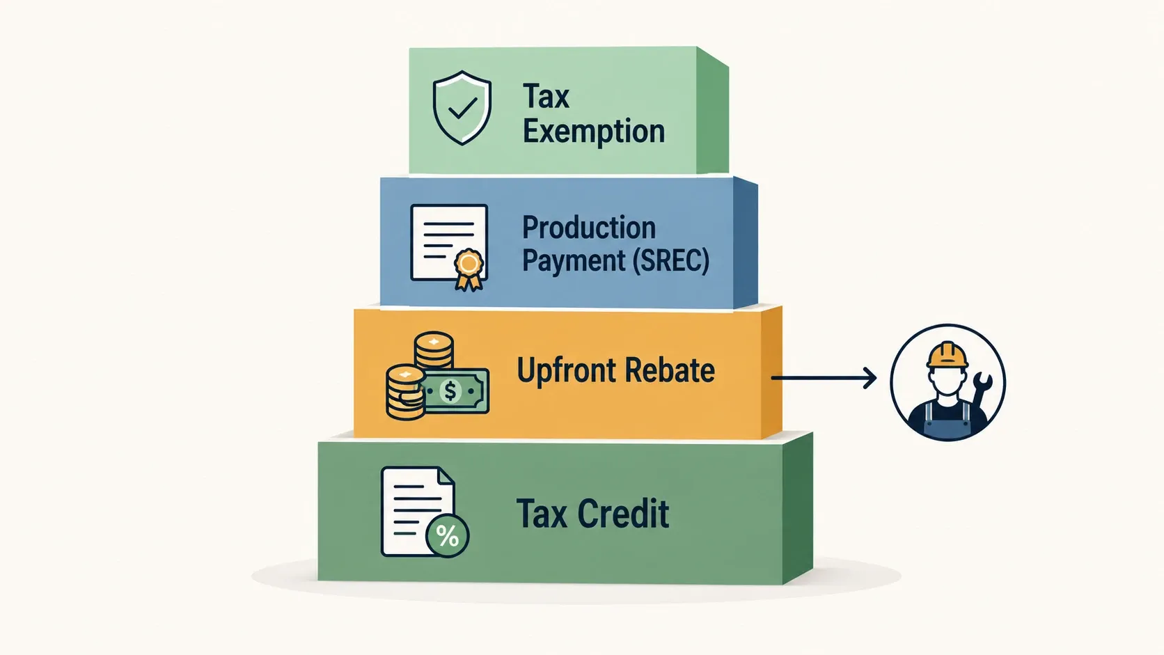 Infographic showing four types of stackable state solar incentives: tax credit, upfront rebate, SREC production payment, and tax exemption